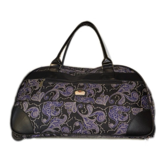 Gloria Vanderbilt Black Purple Floral Wheeled Travel Shopping Duffle Bag 20” - Picture 1 of 13